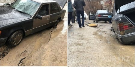 Недавно уложенный асфальт провалился вместе с авто в центре Жезказгана