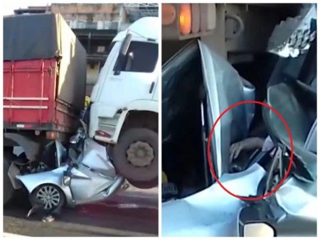 Ужасающие кадры: зажатый между двумя грузовиками водитель протянул руку