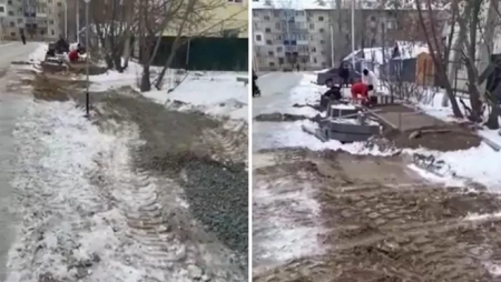 Ремонт дороги в снег сняли на видео в Уральске