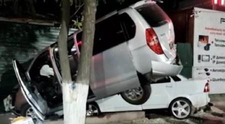 Автомобитль повис на дереве в результате ДТП в Шымкенте